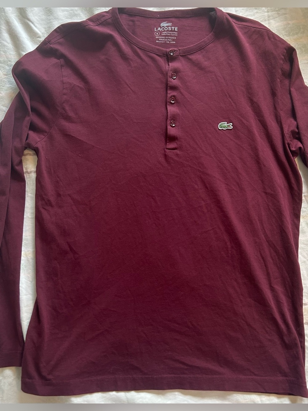Lacoste Men's Long Sleeve Crew Neck Henley Shirt Pima Cotton Burgundy Maroon M
